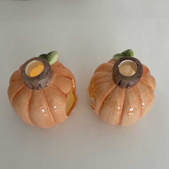 VTG Fortunoff Halloween Pumpkin Votive Candle Holders Jack O Lantern Set Of 2 - Picture 5 of 9